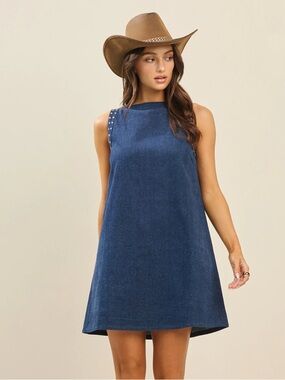 New Trendy Blue Denim Studded Sleeveless Shift Style Dress